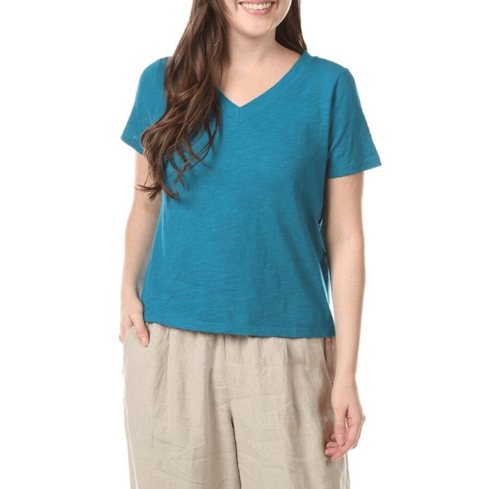 Eileen Fisher Organic Cotton Slub V-Neck Tee Teal XXS NEW